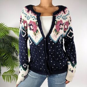 Vintage 90s Blue Floral Cottagecore Soft Girl Grandma Knit Sweater Cardigan / M